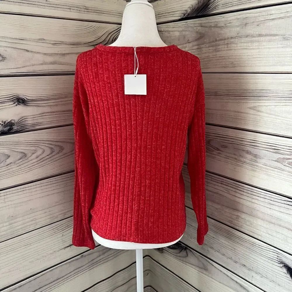Zara Red Ribbed V Neck Sweater Size Small - Picture 2 of 4
